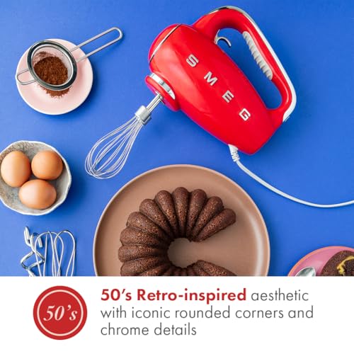 SMEG HMF01 9-Speed Retro Hand Mixer – 220W Motor, Smooth Start, Turbo Function, LED Timer Display, Stainless Steel Whisks, Beaters & Dough Hooks, Premium Die-Cast Aluminum Body