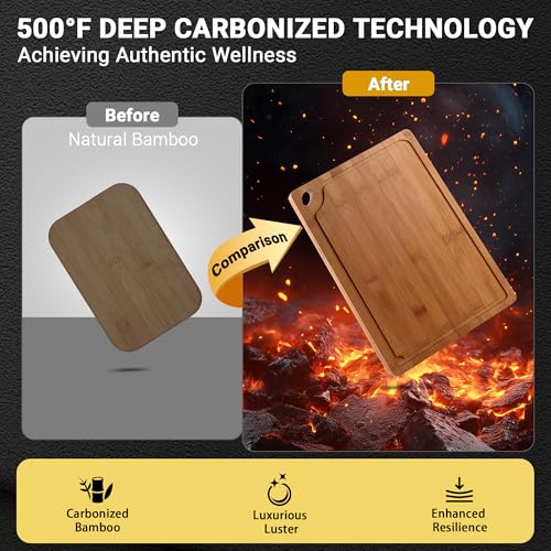 Lacusmall Bamboo Cutting Board for Kitchen, 3Pcs Thickened Wooden Cutting Board Set with Deep Juice Groove, Built-in Handles Durable Chopping Boards for Separating Meat, Vegetables, Fruits, Ideal Gift