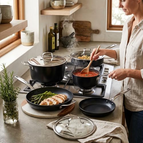 Alva Maestro 9-Piece Ceramic Nonstick Cookware Set – Free of PFAS, PTFE, & PFOA, Non-Toxic Pots & Pans + Lids – Induction & Oven Safe (400°F), Easy Clean Ceramic Coated Aluminum Kitchen Cookware Set