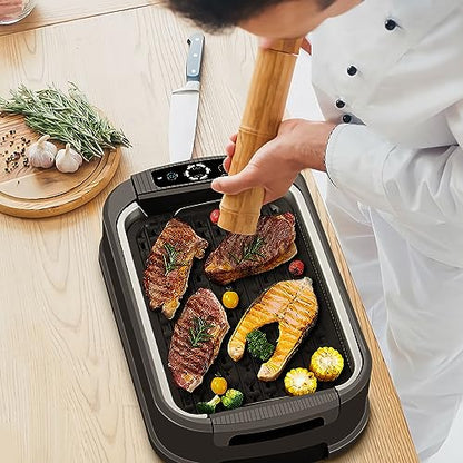 Indoor Smokeless Grill, Techwood 1500W Electric Indoor Grill with Tempered Glass Lid, Portable Non-stick BBQ Korean, Turbo Smoke Extractor Technology, Drip Tray& Double Removable Plate, Black