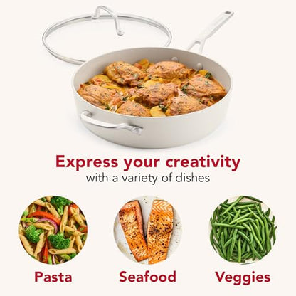 KitchenAid Hard Anodized Ceramic Induction Nonstick Cookware Saute Pan/Jumbo Cooker with Lid and Helper Handle, Dishwasher Safe, 5 Quart Sauteuse with Stainless Steel Handles - Porcelain White