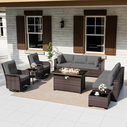 ALAULM Patio Furniture Set with 2 Swivel Chairs, Outdoor Sectional with 55000 BTU Fire Pit Table and Wide Seat, 11 Pieces Wicker Rattan Conversation Set with Coffee Table for Garden, Deck, Grey