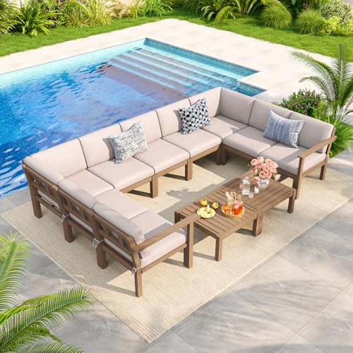 Modular Outdoor Patio Conversation Set, 11-Piece U-Shaped Sectional Sofa Set with Coffee Tables & Thick Cushions, Easy Side Interlock, HIPS All-Weather Patio Furniture Set for Backyard, Deck, Poolside