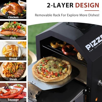 Pizzello Outdoor Pizza Oven Wood Fired 2-Layer Pizza Ovens Outside Pizza Maker with Stone, Pizza Peel, Cover,Removable Cooking Rack for Camping Backyard BBQ (Black)