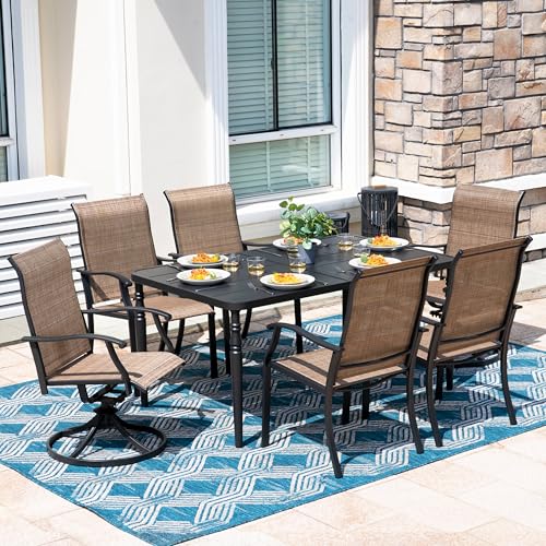 NUU GARDEN 7-Piece Outdoor Metal Dining Set, Patio Dining Table Set with 2 Textilene Swivel Chairs and 4 Textilene Chairs, Patio Furniture Set for Patio, Deck, Garden, Backyard, Balcony, Black&Brown