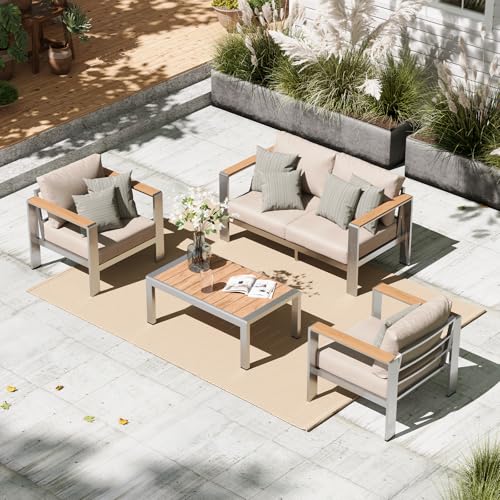 Oasbira Aluminum Outdoor Patio Furniture Set with Coffee Table, 4 Piece Patio Conversation Sets with Washable Thick Cushions, Outdoor Sectional Furniture Set for Porch, Balcony, Deck, Yard, Silver