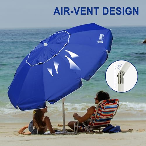AMMSUN 8 Feet Large Beach Umbrella with Sand Anchor Heavy Duty High Wind Portable Outdoor Umbrellas UPF 50+ Protection Air Vent Tilt Patio Garden Pool Blue