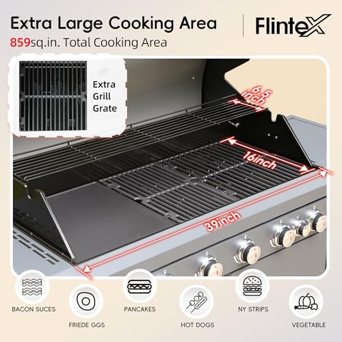 Flintex 6-Burner Propane Gas Kitchen Grill Island with Side Burner,72,000 BTU Stainless Steel BBQ Outdoor Griddle Grill Combo with LPG/NG Convertible and Storage Cabinets & Fold-out Table, Gray