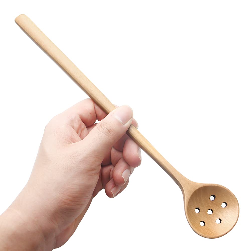 1 Pieces Olive Wooden Spoon,11 Inches Korean Style Long Handle Wooden Round Slotted Spoons for Jam Olive