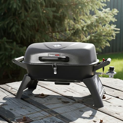 Royal Gourmet GT2006 Portable Tabletop Gas Grill, 12,000 BTU Output for Outdoor Camping, Foldable Legs, Piezo Ignition, Built-in Thermometer, for Tailgates and Camping Trips, Dark Gray