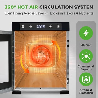 NutriChef Electric Countertop Food Dehydrator -900-Watt Premium Multi-Tier Meat Beef Jerky Maker Fruit/Vegetable Dryer w/10 Shelf Stainless Steel Trays,Digital Timer,Temperature Control-NCFD10S