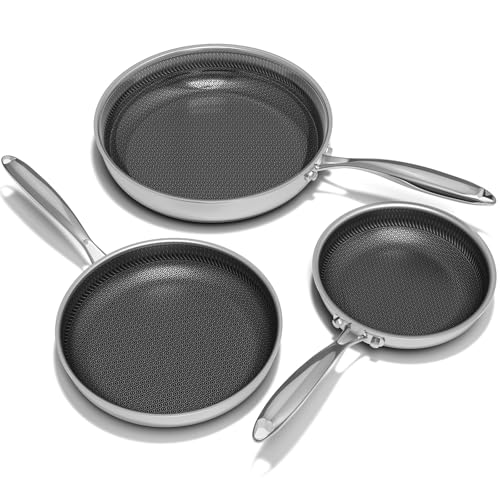 Umite Chef Non Stick Frying Pans Set, 8, 10 and 12-Inch Hybrid Frying Pans, Stainless Steel Nonstick Skillets for Cooking, Dishwasher & Oven-Safe, Induction Compatible Cooking Pan, PFOA Free Cookware