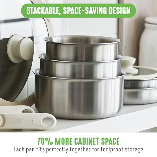 GreenLife 10 Piece Stainless Steel Pots and Pans, Detachable & Stackable Kitchen Set, Tri Ply Clad PFAS Free Cookware, Space Saving with Removable Handle, Induction & Oven Safe, RV Cookware, Glass Lid