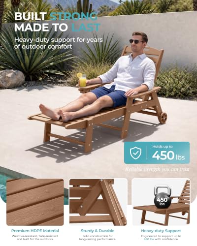 Ciokea Outdoor Chaise Lounge Chair Set of 2, Patio Lounge Chairs for Outside, HDPE Lounge Chair with Wheels & Cup Holder, Poly Chair with 5 Position for Poolside, Deck, Brown