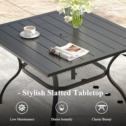 ARKOST 5 Pieces Outdoor Dining Set, Stackable Textilene Paito Chairs & 37.8" Square Dining Table with Umbrella Hole and Shelf, Patio Dining Set for Backyard, Deck, Garden, Grey & Black