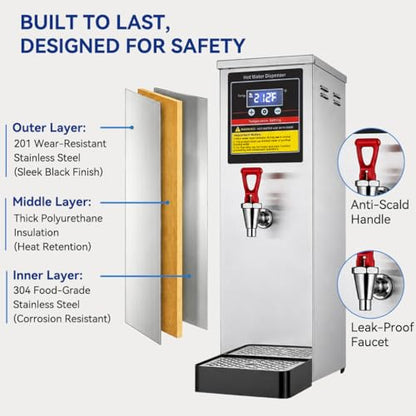 Commercial Hot Water Dispenser Countertop Water Boiler, 1600W 30L | 8GAL per Hour, Instant Hot Water Machine, Step-heating & 86-212°F Temperature Control, For Boba Tea Shop, Cafe, Office