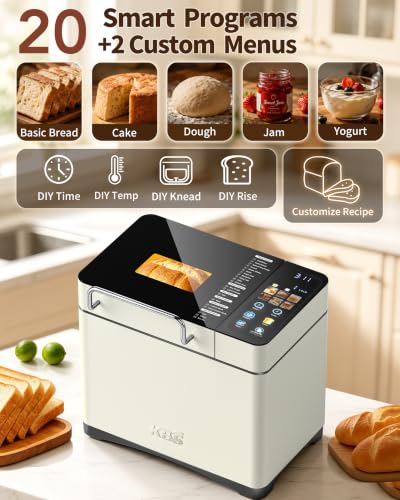 KBS 2.2LB Smart Bread Maker, 20-in-1 Automatic Bread Machine with Color Touchscreen, Dual Heaters, True Ceramic Pan, Auto Nut Dispenser, 2 Custom Programs, Sourdough&Gluten Free, White Stainless Steel