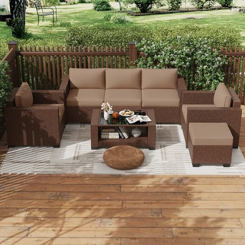 KIGOTY Patio Furniture Set 7 PCS Patio Conversation Sets, All-Weather PE Rattan Outdoor Sectional Sofa with Cushion and 2- Tier Glass Coffee Table（Brown/Camel）