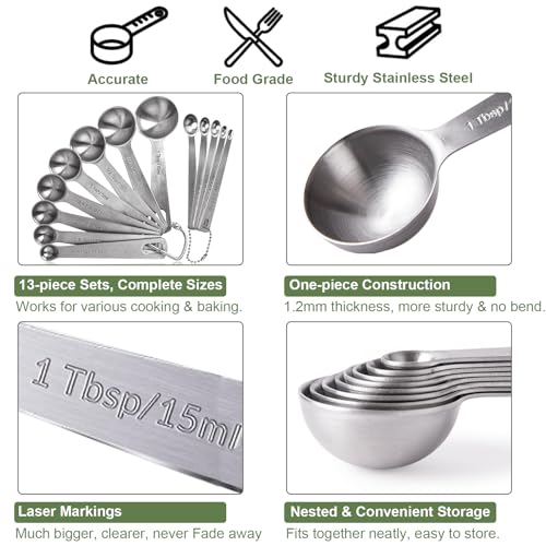 Measuring Spoons, 13 PCS Stainless Steel Measuring Spoons Set Includes Teaspoon & Tablespoon, Metal Measuring Spoons for Dry & Liquid Ingredients, Mini Measuring Spoon Set for Cooking and Baking
