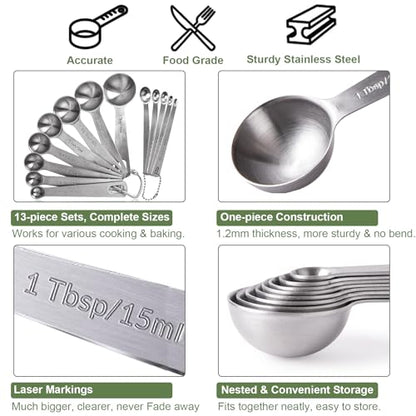Measuring Spoons, 13 PCS Stainless Steel Measuring Spoons Set Includes Teaspoon & Tablespoon, Metal Measuring Spoons for Dry & Liquid Ingredients, Mini Measuring Spoon Set for Cooking and Baking