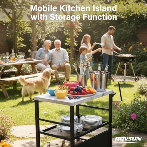 ROVSUN Stainless Steel Foldable Grill Table Cart, Outdoor Food Prep Rolling Cart with Wheels and Storage Shleves, Paper Towel Holder, Easy Movable Kitchen Island for Home, Patio, Pizza Oven