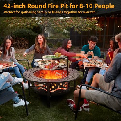PrimeZone 42" Outdoor Fire Pit with 2 Grills - Wood Burning Firepit for Outside with Cover & Poker, Heavy Duty Metal Fire Pit Large Round Fireplace for Patio, Backyard, Picnic, Camping, Bonfire