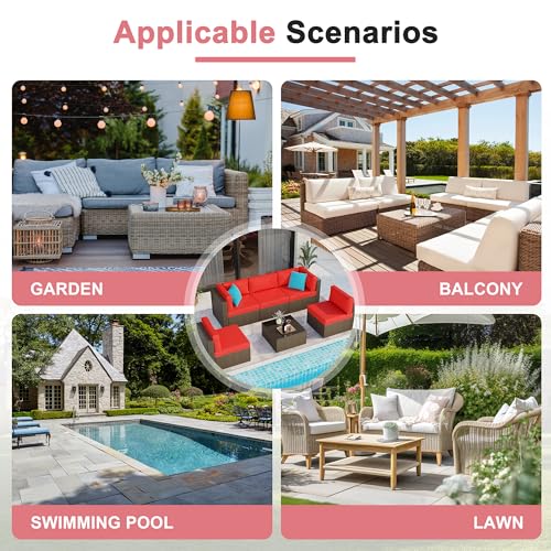6 Pieces Patio Furniture Set Outdoor Couch Wicker Sectional Sofa, Red