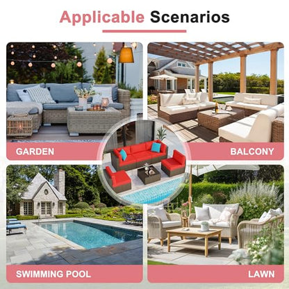 6 Pieces Patio Furniture Set Outdoor Couch Wicker Sectional Sofa, Red