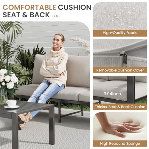 4-Piece Aluminum Outdoor Patio Furniture Sets All-Weather Patio Conversation Set Sectional Sofa with Coffee Table & Cushions with Removable Covers for for Deck Backyard Garden Poolside Balcony Porch