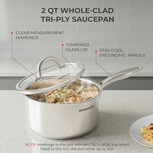 Sunhouse 2 Quart Sauce Pan with Lid, Tri-Ply Stainless Steel Saucepan with Full-Clad Base, Small Pot for Cooking, PFOA-Free, Professional Induction Ready Cookware