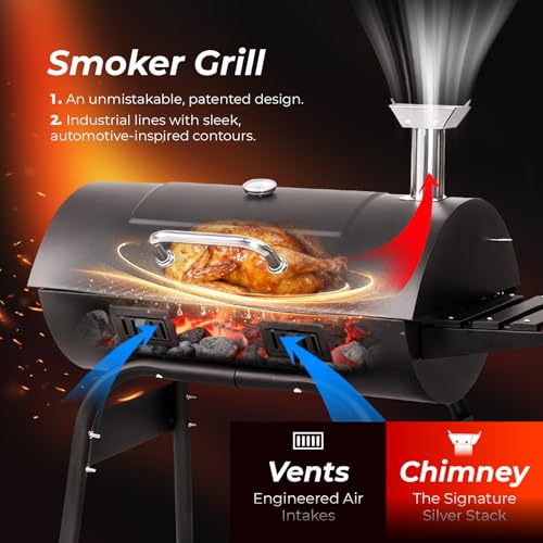 Outvita Barrel BBQ Charcoal Grill with Warming Rack & Dual Prep Table Black