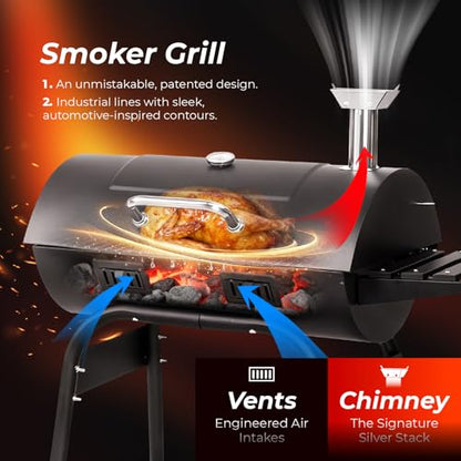 Outvita Barrel BBQ Charcoal Grill with Warming Rack & Dual Prep Table Black