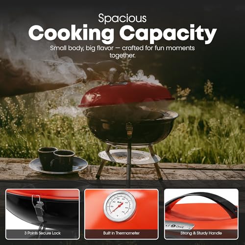 GasOne 14-inch Portable Charcoal Barbecue Grill with Thermometer – Red