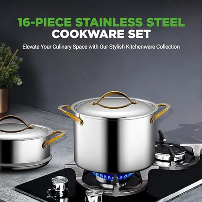 NutriChef 16 Piece Stainless Steel Cookware Set, Induction Cookware with Golden Handles - Non Stick Pots and Pans Set with lids and Utensils - PFOA/PFOS Free, Oven Safe, & Easy to Clean