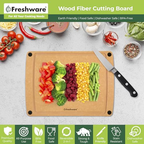 Freshware Wood Cutting Boards for Kitchen, Juice Groove, Non-Slip Silicone Feet, Dishwasher Safe, Medium 12" x 9" and Large, 15" x 11.25", Set of 2, Natural