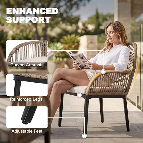 NUU GARDEN 5-Piece Outdoor Dining Set, Round Outdoor Table and Chairs for 4, All Weather Patio Furniture Set with Umbrella Hole, Handwoven Twisted Rattan Outdoor Chairs with Cushions, Brown and Black