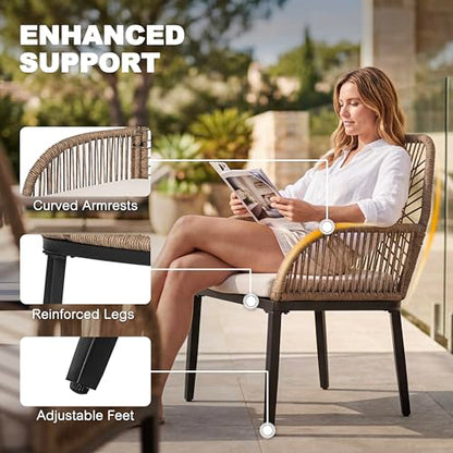 NUU GARDEN 7-Piece Patio Table and Chairs with Cushions, Outdoor Dining Set for 6, Rectangular Metal Table and Rattan Chairs with Umbrella Hole for Lawn Garden Backyard Deck, Brown