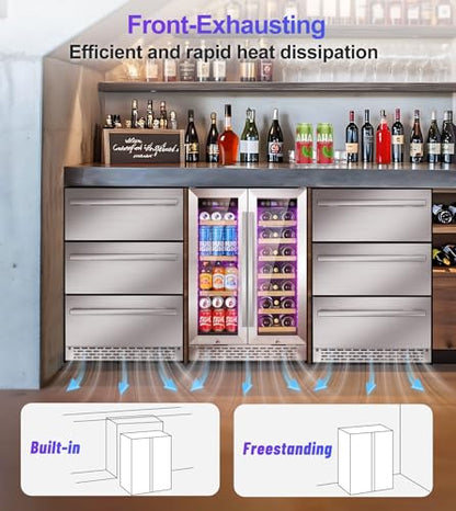 RLPI 3 Drawer Outdoor Beverage Refrigerator Undercounter, Hold 180 Cans 24 inch Weather Proof Stainless Steel Beverage Fridge, Built-in & Freestanding Beverage Cooler Fridge for Soda, Beer, Fruit