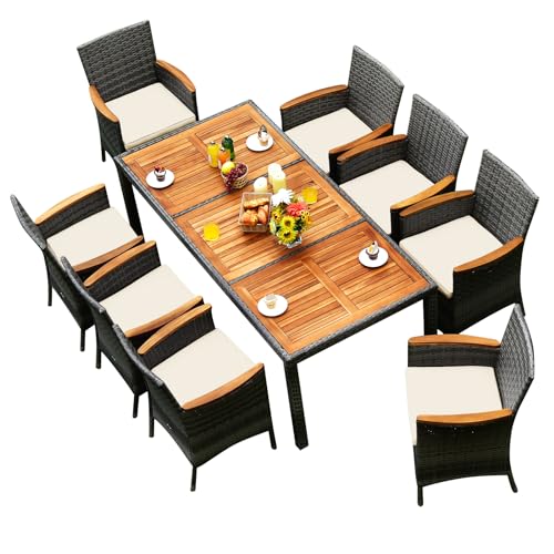 COSTWAY 9-Piece Patio Dining Set for 8, Outdoor Rattan Wicker Table and Chairs Furniture Set with Umbrella Hole, Acacia Wood Tabletop for Backyard, Balcony, Poolside, Grey & White