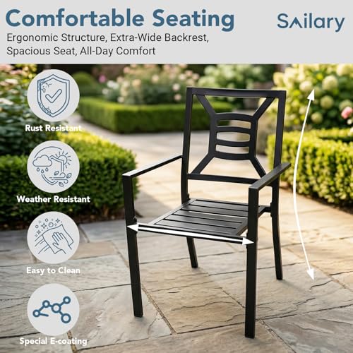 SAILARY 9 Pieces Patio Dining Set for 8, Large 77" Outdoor Metal Table with Universa Umbrella Hole & Stackable Iron Chairs, Patio Furniture Set for Deck, Backyard, Yard, Porch
