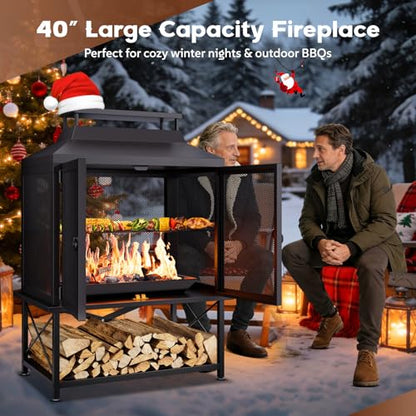 Large Outdoor Chiminea Fire Pit with Grill, Outdoor Fireplace, Outdoor Wood Burning Fireplace with Chimney, 360° Mesh Spark Screen Door, Fire Poker and Log Storage Rack for Patio Backyard
