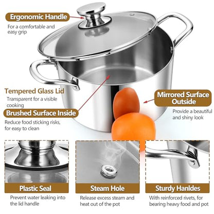 P&P CHEF 8 Quart Tri-Ply Stainless Steel Stock Pot, 8 Qt Stockpot Pasta Cooking Pot with Visible Lid for Soup Vegetable, Induction Cookware for All Stoves, Sturdy & Double Handle, Dishwasher Safe