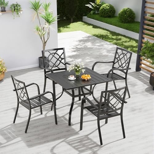 Oakcloud 5-Piece Patio Dining Set, Outdoor Metal Furniture Dining Table Set 4 Stackable Patio Dining Chairs and Square Dining Table with Umbrella Hole, Black