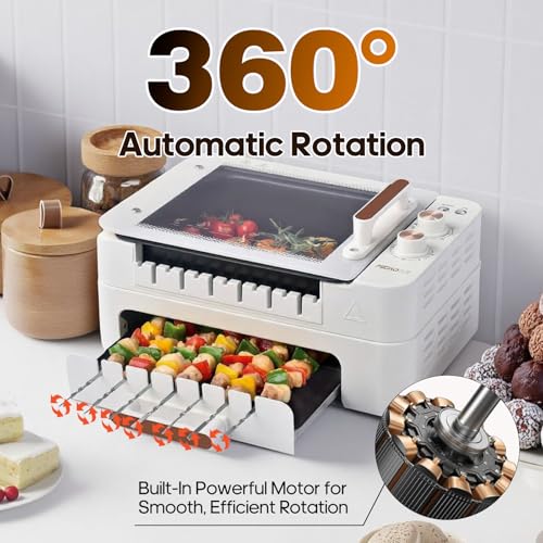 MIOAOTCE 3-IN-1 Skewer Electric Indoor Grill - 1000W Electric Grill with 360° Auto-Rotating, Smokeless Indoor Grill with 3 Cooking Modes, Temperature Adjustable, Removable Tempered Glass Lid