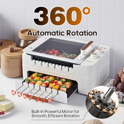 MIOAOTCE 3-IN-1 Skewer Electric Indoor Grill - 1000W Electric Grill with 360° Auto-Rotating, Smokeless Indoor Grill with 3 Cooking Modes, Temperature Adjustable, Removable Tempered Glass Lid