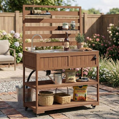 Pasirou 41.7" W Outdoor Kitchen Island with Stainless Steel Top, Garden Potting Bench with Sink, Rolling Grill Cart with 2 Movable Shelves, 1 Bottle Opener for Gardening, Grilling, Brown