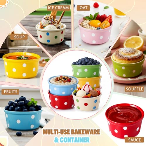 Teecyhooo 6 Pack 6 oz Colorful Ice Cream Ceramic Bowls Ceramic Ramekins Oven Safe Small Dessert Cups Porcelain Baking Cups Single Mini Bowls for Personal Pudding Souffle Serving Dip