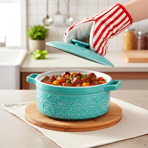 Elsjoy 2 Quart Round Ceramic Casserole Dish with Lid, 7.5 Inch Covered Casserole for Oven, Glazed Ceramic Baking Dish Vintage Bakeware for Kitchen, Turquoise