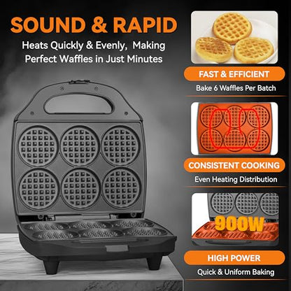 Baker's Friend Multi Mini Waffle Maker Machine, 6 x 3'' Small Waffle Iron, Perfect for Families and Individuals Use, Excellent Choice for Breakfast Brunch Parties & Events, Graphite