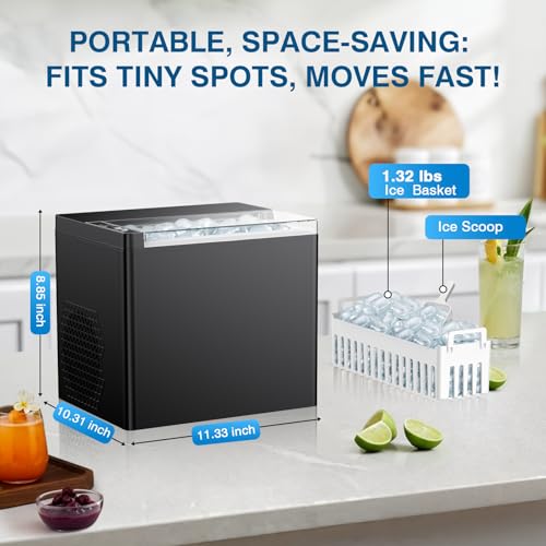 Countertop Ice Makers Machine, Portable Ice Machine Producing 9 Ice Cubes Within 6 Mins, Bullet Ice Available in Two Sizes(S/L), Compact Mini Ice Maker Appliance for Home Kitchen Camping （Ebony）